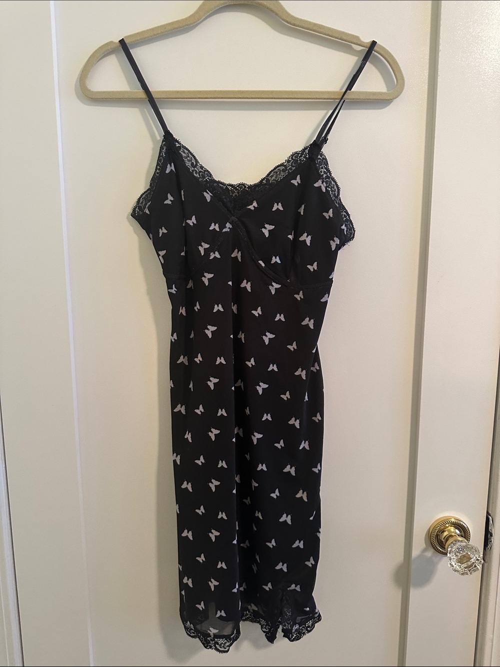 Black Butterfly-Print Lace-Trim Slip Chemise Dress
